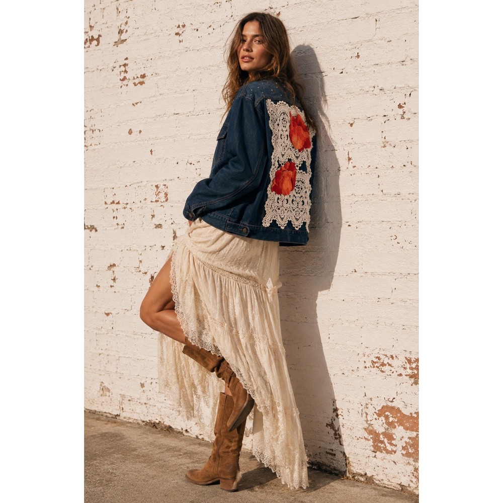 Wrangler Blue Denim Upcycled Lace Floral Poppy Jacket Boho Custom Large
